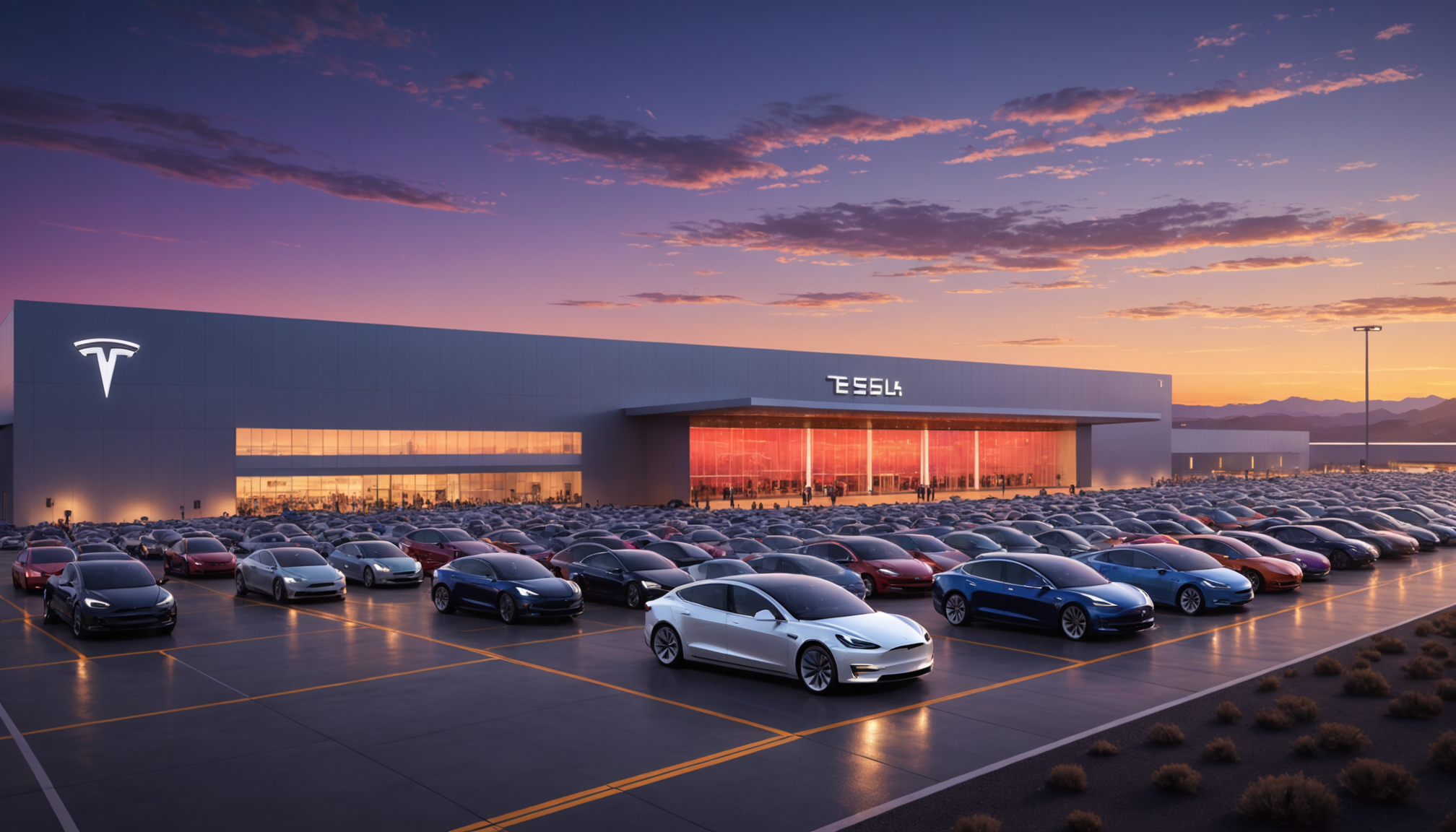 Tesla Gigafactory at dusk, digital art