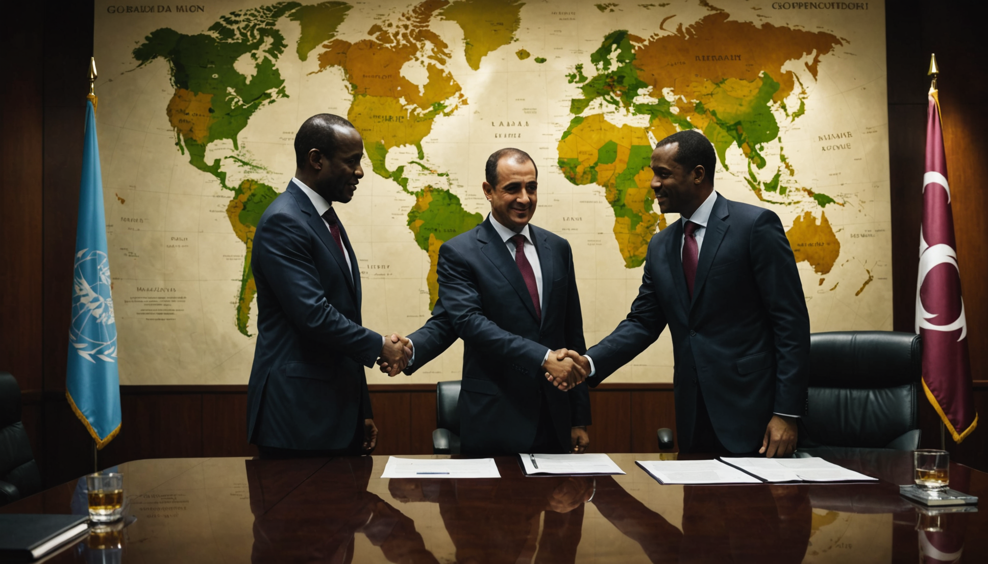 Shadowy Qatari businessman in a boardroom with African minister, oil barrels, contracts, global map in background, investigative mood